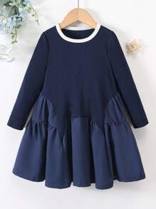 Young Girl Plain Color Patchwork Round Neck Long Sleeve Pleated Simple Casual Dress - Blue - View 6