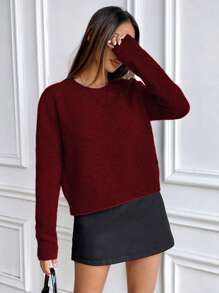 EMERY ROSE Casual Style Solid Color Crew Neck Long Sleeve Knit Sweater Knit Pullover Fall Winter Outfit - Burgundy - View 4