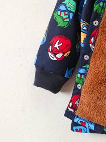 男童休闲百搭彩色机器人盔甲图案派克大衣，带毛茸茸的衬里，中长款，适合秋冬季，保暖、防风，适合上学穿着 - 彩色 - 查看 4