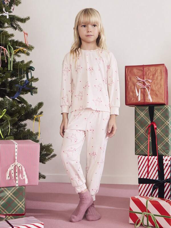 SHEIN Set de 2 piezas con parte superior de manga larga con cuello redondo y pantalón jogger largo con estampado de dibujos animados de Navidad y Año Nuevo para niñas, otoño/invierno