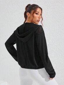 SHEIN Sport Studio Women's Solid Color Long Sleeve Mesh Hooded Sports Jacket Autumn