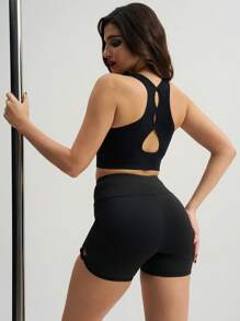 Menodora SHEIN Sport 中度支撐後鏤空運動型文胸 - 黑色 - 查看 4