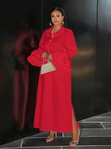 Slaydiva 优雅、派对和正式宽松纯色白色衬衫领半襟长袖多层荷叶边下摆连衣裙，大码，女式，春秋