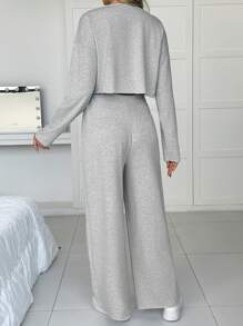 SHEIN 2pcs Maternity V-Neck Crop Top And Wide Leg Pants Set, Simple And Comfortable - Light Grey - View 3