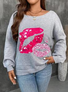 SHEIN LUNE Plus Size Women Black Boat Neck Long Sleeve Lip Print Casual Pullover Sweater For Autumn