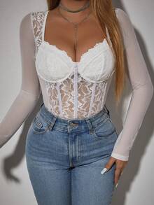 Allurite Sexy And Elegant White Lace Spliced Sheer Mesh Fabric Steel Circle Three-Dimensional Stripe Wave Edge Long Sleeve Bodysuit For Holiday Party Clothes