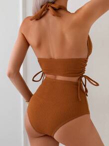 SHEIN Swim Conjunto de tankini con escote en V y halter con cordón para mujer, traje de baño separado color caqui para vacaciones en la playa en verano