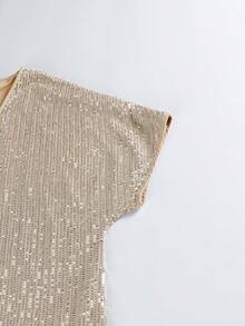 Plus Size Women's Sequin V-Neck Loose Blouse, Party Top - Gold - View 6