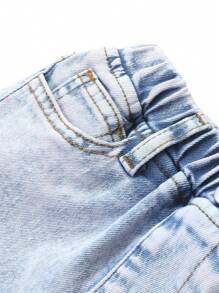 Baby Girl Fashionable Back Pocket Washed Jeans With 3D Butterfly Embroidery Design, Straight Leg