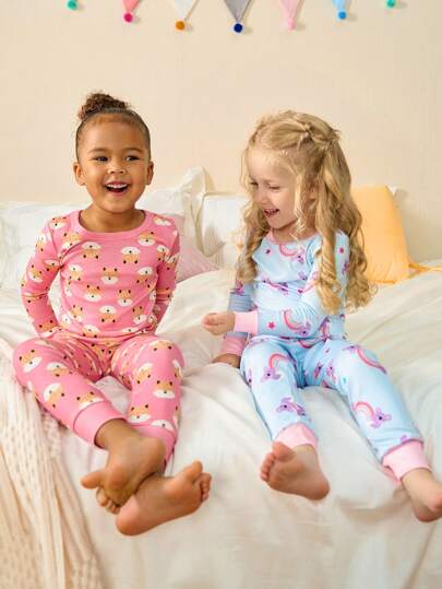 SHEIN 2pcs Baby Girls Rainbow Bear Print Snug Fit Long Sleeve Top And Leggings Loungewear Set, Fashionable & Cute