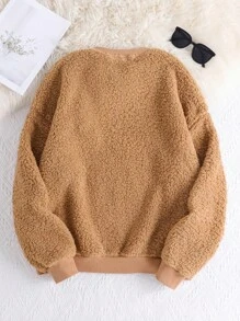 Manfinity VCAY 针织毛绒泰迪熊宽松落肩圆领套头衫，外出蓬松长袖运动衫，适合朋友、丈夫、男朋友的礼物，适合秋冬 - 咖啡棕 - 查看 2