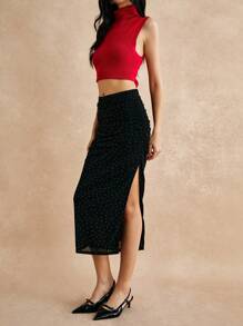 Poéselle Falda entallada con abertura lateral con pedrería termoadhesiva sexy y elegante