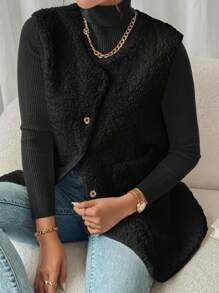 SHEIN Frenchy 秋冬女士纯色前扣无袖口袋休闲常规夹克 - 黑色 - 查看 6