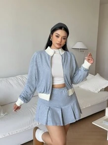 SHEIN Unity 女士针织套装，有领长袖夹克和百褶裙，修身款，秋冬 - 灰色 - 查看 7