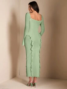 SHEIN BAE Elegant Women's Long Sleeve Fitted Shirt, Floral 3D Decor Ruffle Trim Long Maxi Dress, Suitable For Daily Wear, Dating, Outing, Party, Fall Outfits