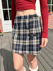 Jouncy Women's Vintage Plaid Button Detail Mini Skirt, Suitable For Summer And Autumn - Blue - View 1
