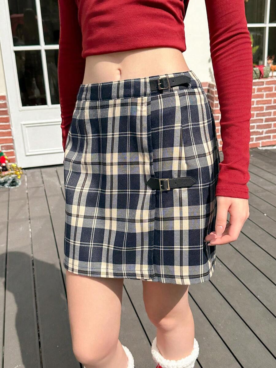 Jouncy Women's Vintage Plaid Button Detail Mini Skirt, Suitable For Summer And Autumn - Blue - View 1