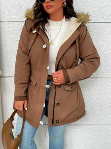 SHEIN LUNE Plus Size Front Zip Pocket Long Sleeve Furry Patchwork Hooded Casual Padded Coat Fall Cloth For Women - Khaki - View 4