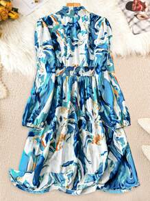 SHEIN LUNE Vestido elegante de manga farol con cintura recogida e impresión de mármol para mujer de talla grande, otoño