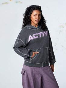 SHEIN Sports Farbblock Buchstaben Muster Thermisch gefütterte Sport Sweatshirt - Dunkelgrau - Übersicht 8
