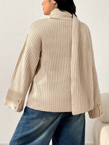 SHEIN EZwear 1pc Loose Cowl Neck Solid Color Pullover Sweater For Plus Size Women, Autumn/Winter - Apricot - View 2