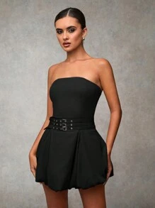 SHEIN BAE Vrouwen Khaki Effen Modieuze Ballon, Hoge Taille Met Metalen Decor, Bustier Mini Jurk/Nashville Outfits