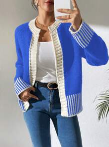 Chiquease Fashionable French Classic Black And White Striped Knitted Cardigan - Royal Blue - View 5