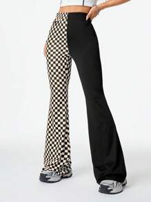 SHEIN EZwear Checkerboard Print Street Style Versatile Women Checkered Patchwork Color Block Flared Sports Pants