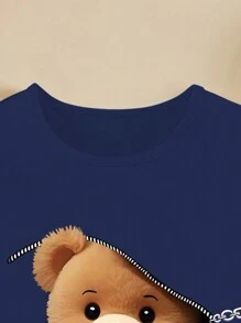 Young Girl Round Neck Short Sleeve Teddy Bear Print Casual T-Shirt