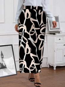 EMERY ROSE Plus Size Vrouwen Elegante All-Over Bedrukte Rechte Lange Rok, Winter Dameskleding