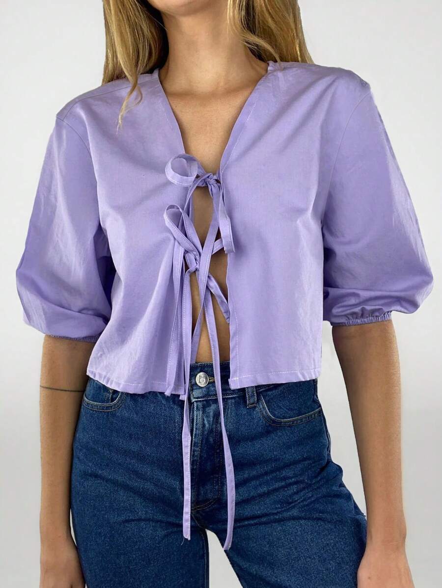 INAWLY Camisa Casual Feminina de Cor Sólida com Laço na Frente e Manga Bufante Curta
