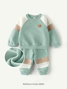 Cozy Pixies 2pcs/Set Baby Boy Decoration Embroidery Colorblock Round Neck Raglan Sleeve Hoodie And Jogger Pants Set