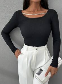 RueChic Pearl Detailed Black Long Sleeve Top - Black - View 3
