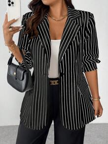 Vionelle Plus Size Striped Print Single Button Elegant Business Casual Long Sleeve Blazer Jacket,Black And White,Autumn,Formal,Teacher Outfits For Women Fall - Black - View 2