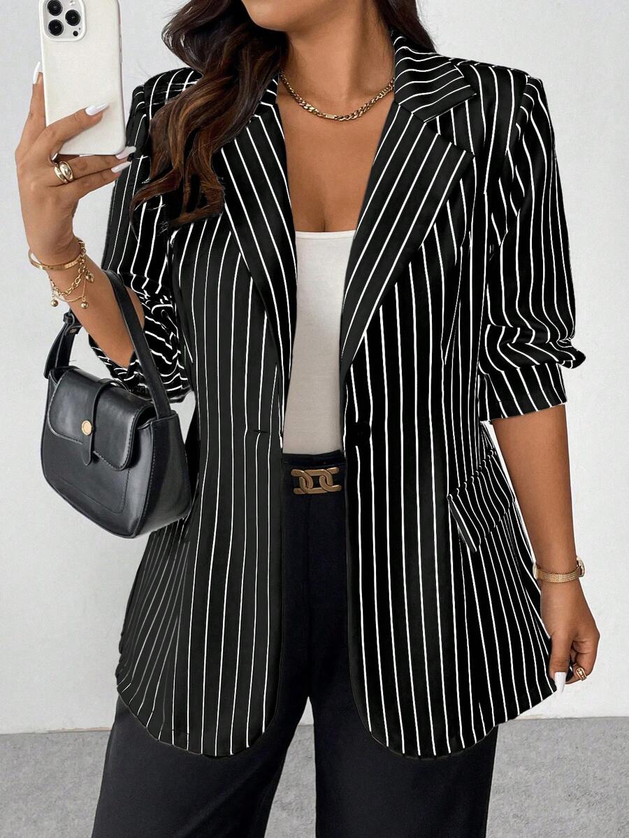 Vionelle Plus Size Striped Print Single Button Elegant Business Casual Long Sleeve Blazer Jacket,Black And White,Autumn,Formal,Teacher Outfits For Women Fall