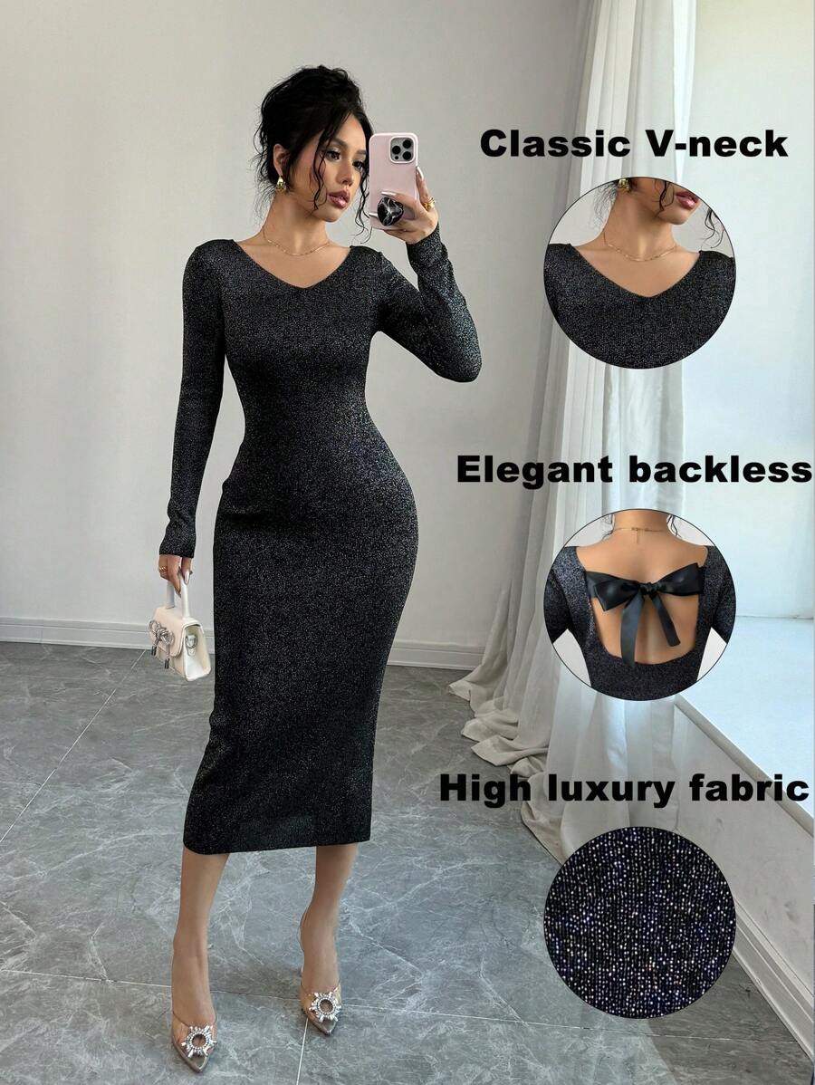 Chiquease Long Sequin Metallic Sheen Backless Sweater Dress For Women Fall Cloth For Women - Black - View 1