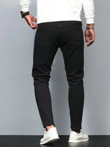 Manfinity Homme Plus Size Men Fashion Casual Versatile Slant Pocket Denim Jeans, Slim Fit Dark Jeans Long Plain Black Washed Cargo Jeans, For Husband, Boyfriend Gifts