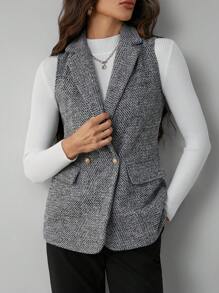 SHEIN Tall Women's Sleeveless Herringbone Blazer - Black - View 7