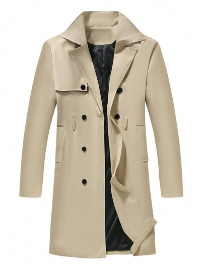 Chillumni Plus Size Men Solid Color Double-Breasted Belted Long Sleeve Casual Trench Coat, Fall