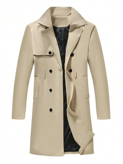 Manfinity Hypemode Abrigo casual de trinchera de manga larga con doble botonadura y cinturón, unicolor, talla grande, para otoño