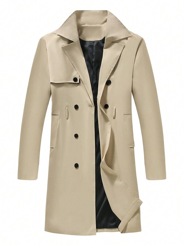Manfinity Homme Plus Size Men's Solid Color Double-Breasted Belted Long Sleeve Casual Trench Coat