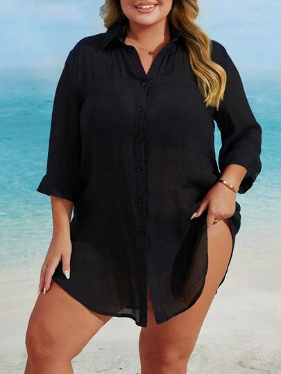 Swim Lushoire Plus Size Plain Front Button Long Sleeve Casual Top, Minimalist Style For Daily Wear Plus Size Shirts Women Plain Plus Size Blouses Summer