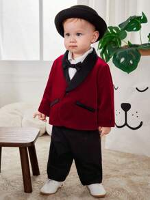 SHEIN 2pcs/Set Baby Boy Burgundy Summer Formal Wedding Guest Suit,Satin British Style Black Collar Jacket & Pants Gentleman Outfit For Birthday Party - Red - View 3