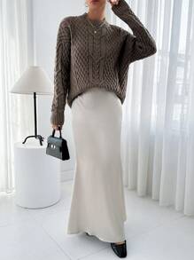 RueChic Women Round Neck Mixed Knit Detailed Sweater - Mocha Brown - View 7