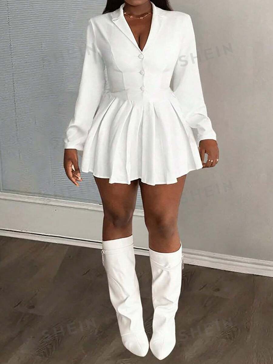Slaydiva Nuevo vestido mini blanco para mujer de talla grande con manga larga, minifalda plisada, con cuello y estilo traje, elegante y casual para otoño - Blanco - Ver 1
