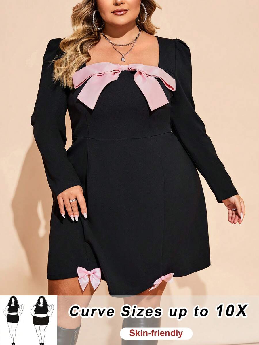 SHEIN CURVE+ Curve Plus Size Pink Bow Front Puff Sleeve Curved Hem Black Dress, Autumn Valentine's Day Christmas Party