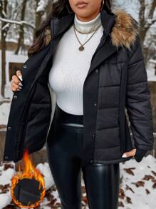 SHEIN Frenchy Abrigo acolchado de talla grande negro para invierno, casual y sencillo, con cuello y cinturón desmontables, con bolsillos, cálido y a prueba de viento, forrado térmico
