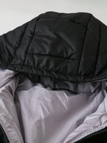 SHEIN LUNE 加大码纯色保暖内衬连帽长袖拉链加厚外套，冬季感恩节女式新年冬装女士热卖 - 黑色 - 查看 4