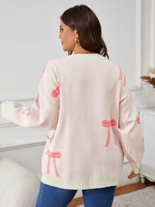 SHEIN VCAY Cárdigan informal con hombros caídos, manga larga y patrón de moño, de un solo abotonadura, para mujeres de talla grande, otoño/invierno