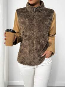 Chiquease Women Casual Regular Plush Contrast Color Patchwork Long Sleeve Jacket, Autumn/Winter - Coffee Brown - View 6